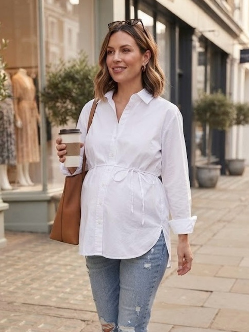 H&M MAMA Maternity White Long Sleeve Button-Down Shirt Tunic 100% Cotton